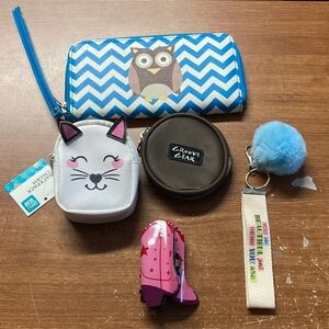 Blue and white owl billfold and other coin purses